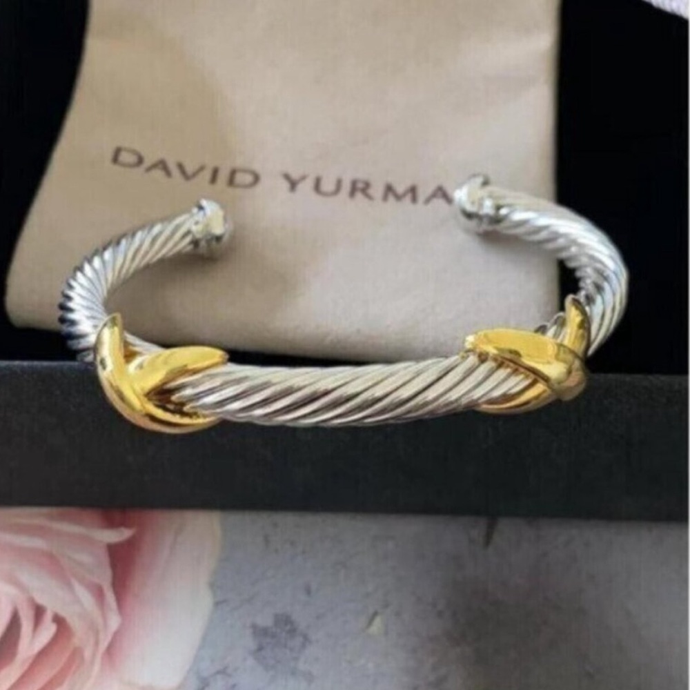 David Yurman Two-Tone Cable Cuff Bracelet in Silver and Gold 7mm